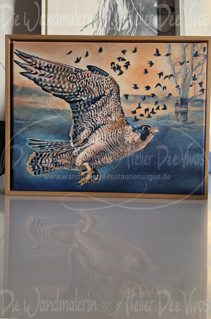Acrylgemälde auf Leinwand mit dynamischer Komposition mit handgemaltes Acrylbild auf Leinwand: majestätischer Wanderfalke im Flug, Vogelschwarm und leuchtender Sonnenuntergangshimmel.