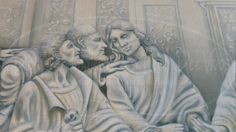 Detail gerahmter Kunstdruck Abendmahl weißer Rahmen – Panorama Kunstdruck DEE VIVOS aus Eislingen, Ausstellung auf Schloss Fileck Uhingen